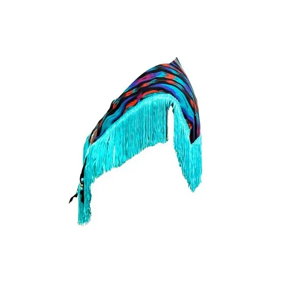 Vintage Sew-N-Oats Southwest Fringe Shawl Collar – Ikat Print with Beads & Conch